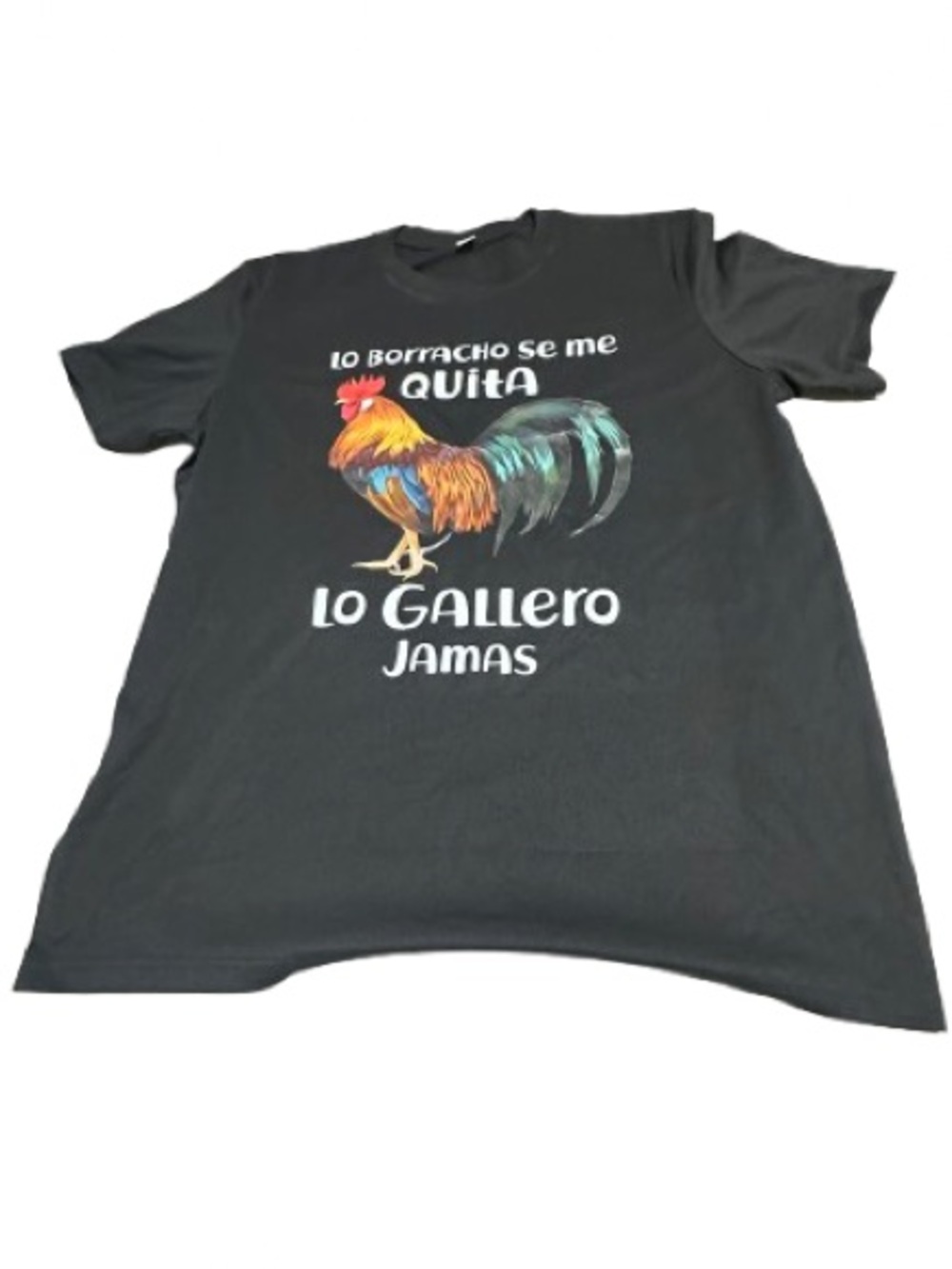 Black Graphic Rooster T-Shirt with Spanish Text